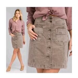 Prana Merrigan Corduroy A Line Button Front Skirt mini Brown Sz 6 Preppy stretch